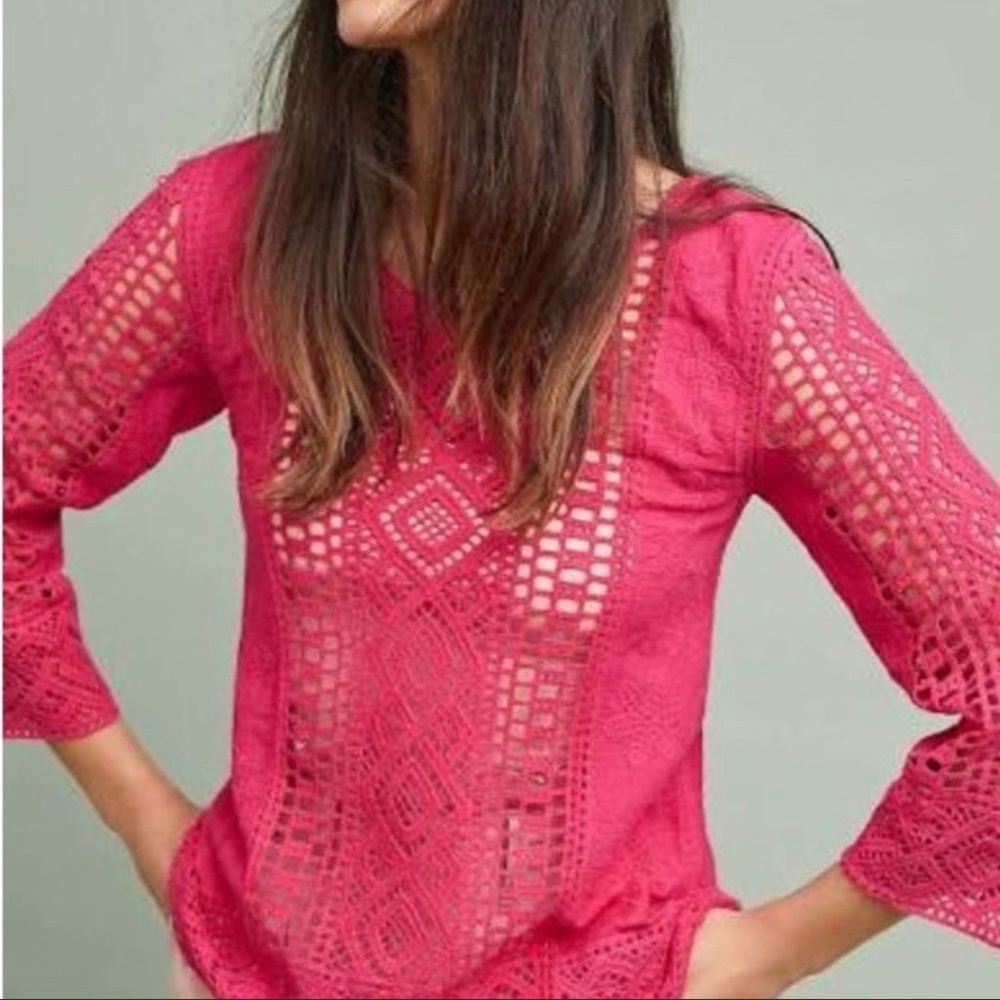 Anthropologie Crochet Lace Peasant Top in Raspberry Pink